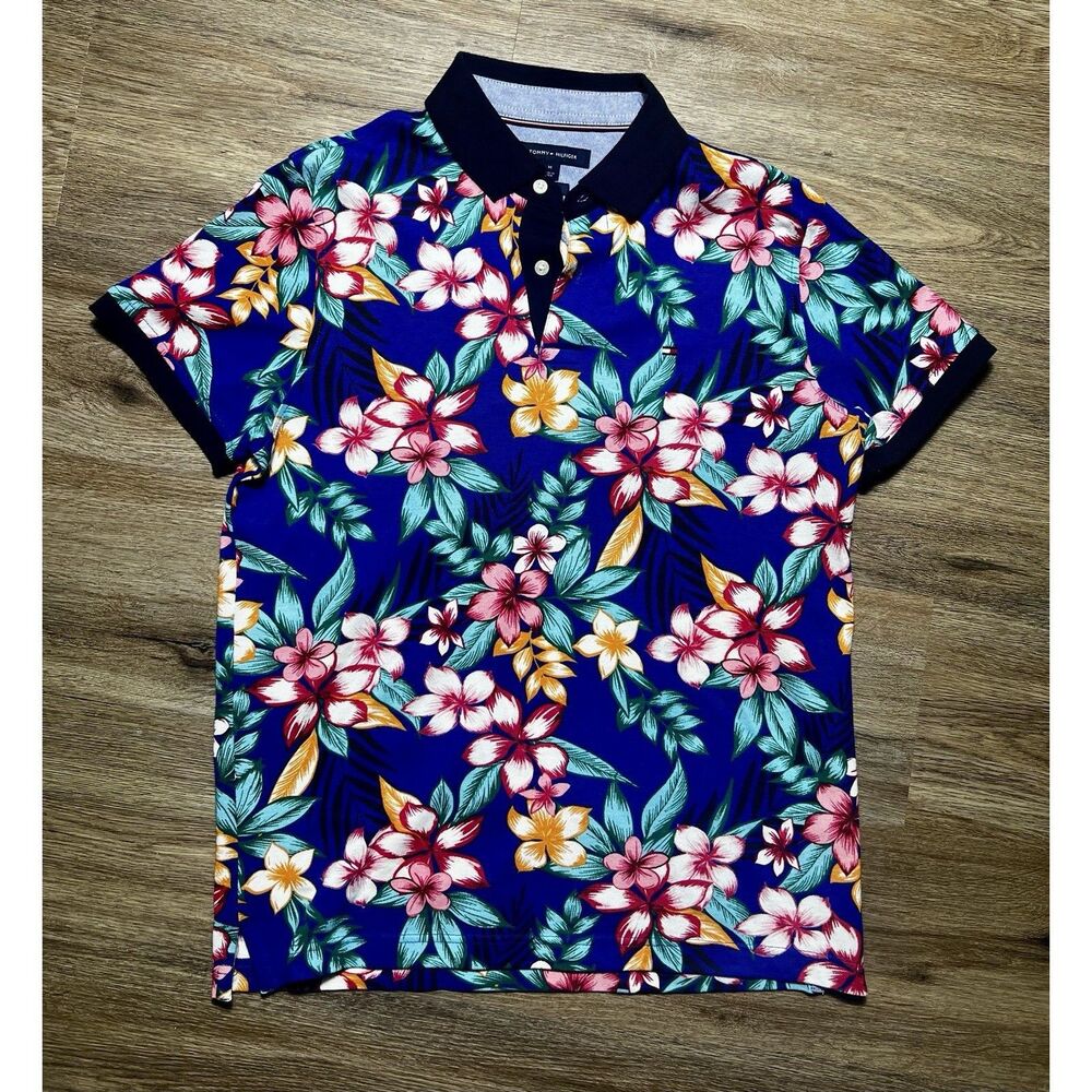 Vtg 90s Tommy Hilfiger Flag Logo Floral Hawaiian Slim Fit Men's Polo Shirt Sz M